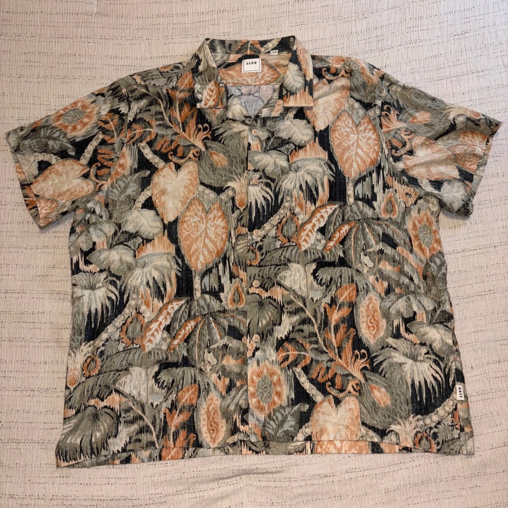 ROWM Mens XXL Tropical Jungle Leaf Print Camp Collar Short Sleeve Button Down